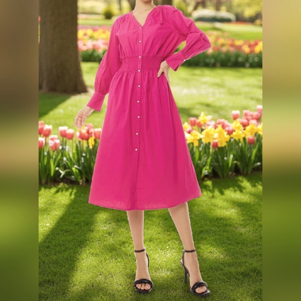 R&B Elegant Pink Button-Down V-Neck Shirt Dress With Cuffed Sleeves